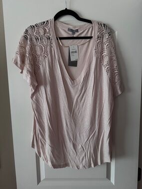 Wit & Wisdom Lace-Shoulder V-Neck Tee — Light Pink